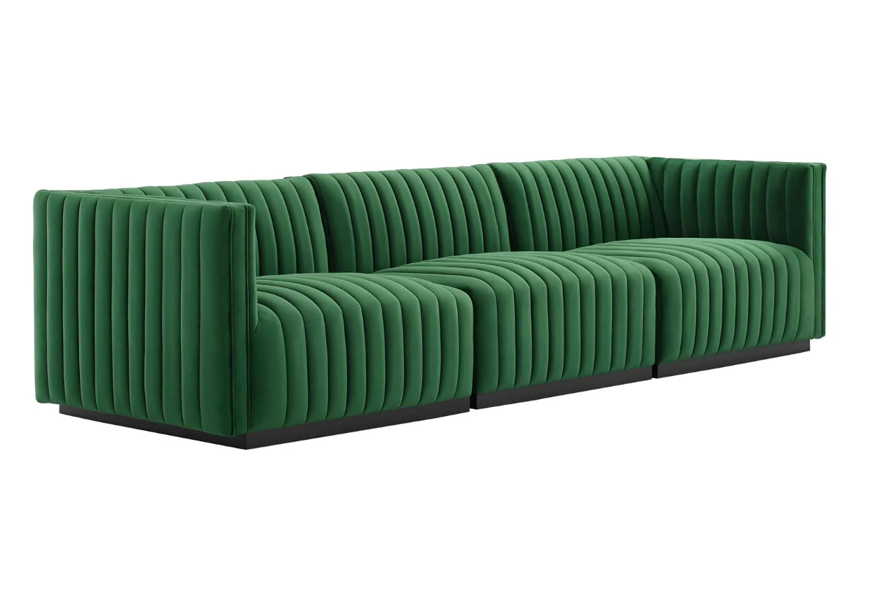 Channel Tufted Emerald Green Velvet Arm Chair Sectional Sofa Piece