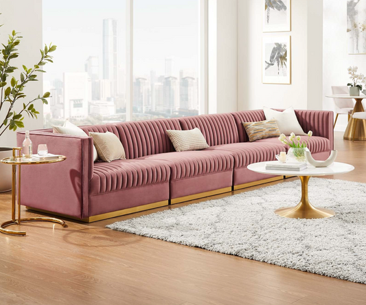 Channel Tufted Blush Pink Velvet Sectional 4-Piece Sofa