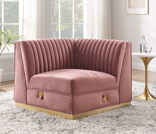Channel Tufted Blush Pink Velvet Sectional Sofa Corner Chair