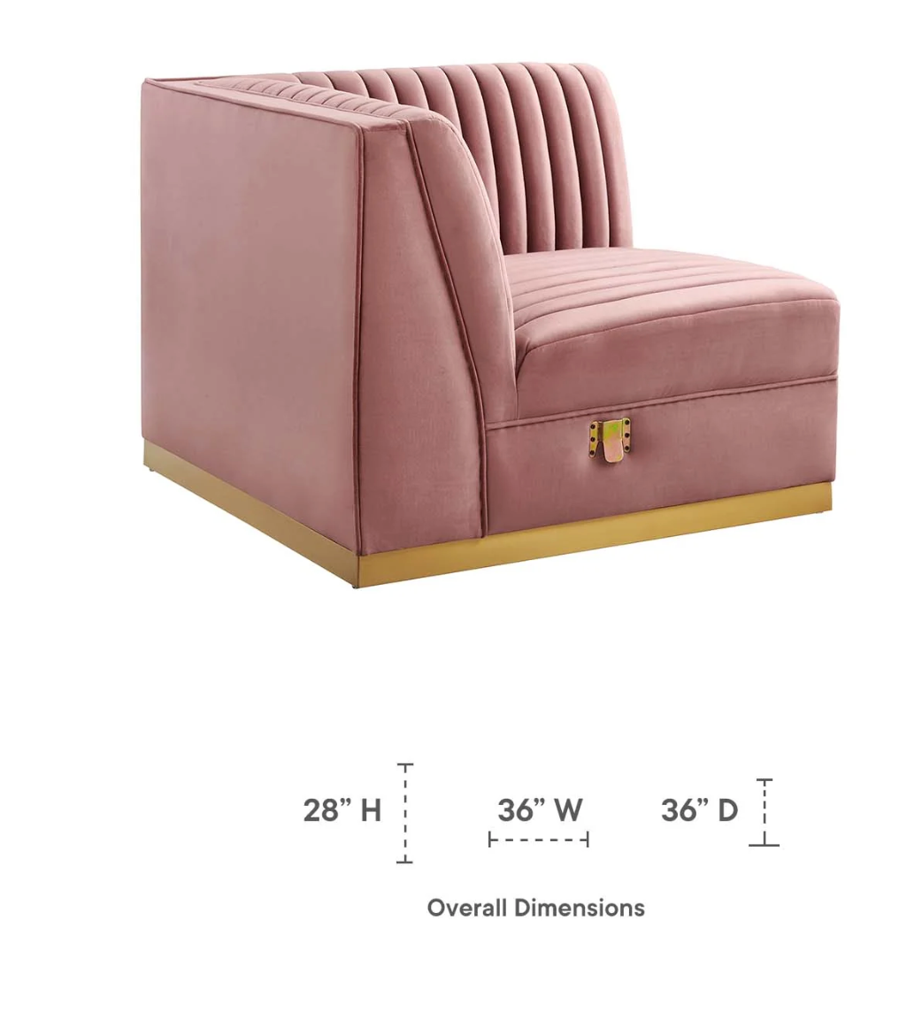 Channel Tufted Blush Pink Velvet Sectional Sofa Corner Chair