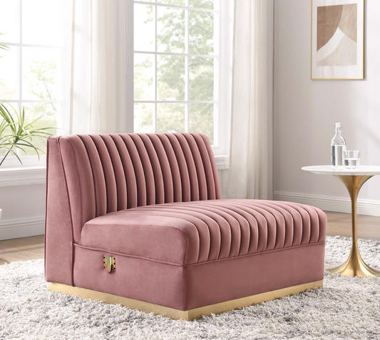 Channel Tufted Blush Pink Velvet Sectional Sofa Armless Chair