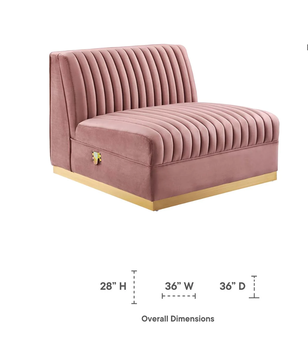 Channel Tufted Blush Pink Velvet Sectional Sofa Armless Chair