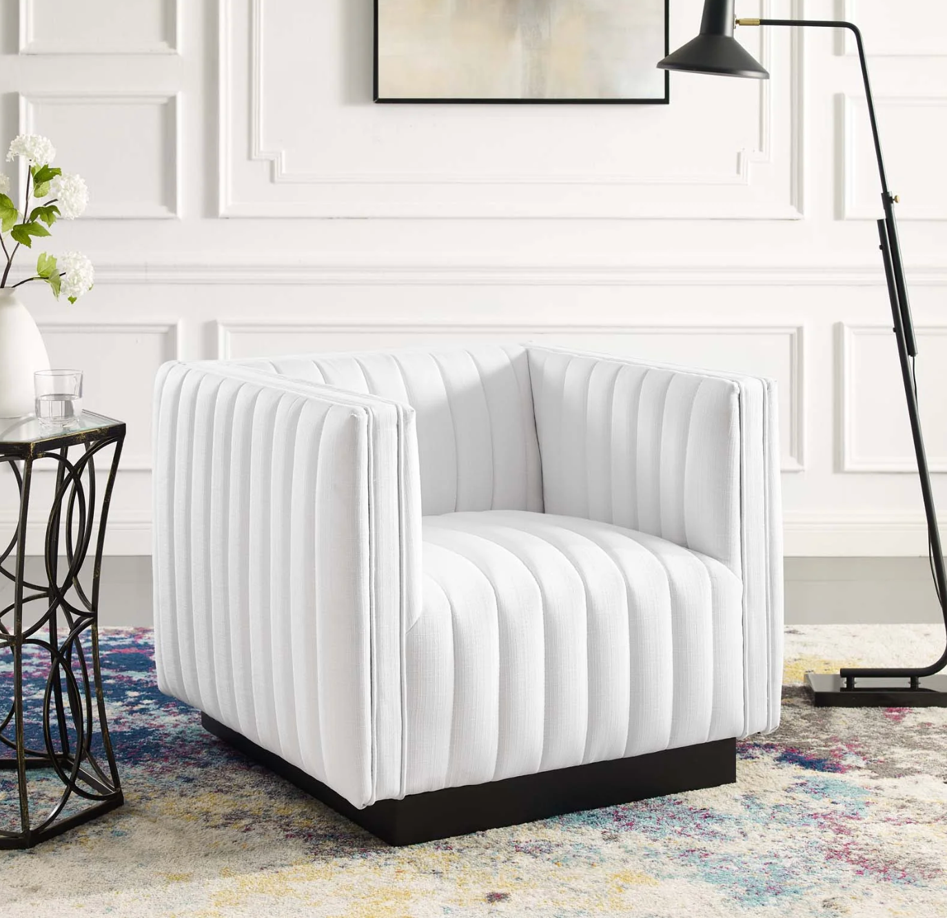 White Tufted Upholstered Fabric Armchair