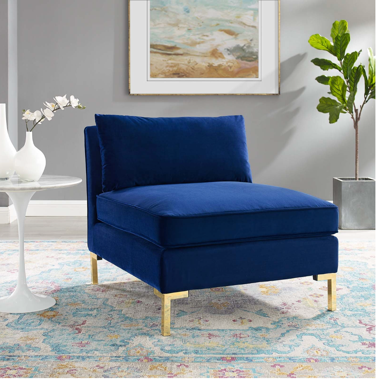 Dark Blue Velvet Armless Chair Piece for Sectional Sofa