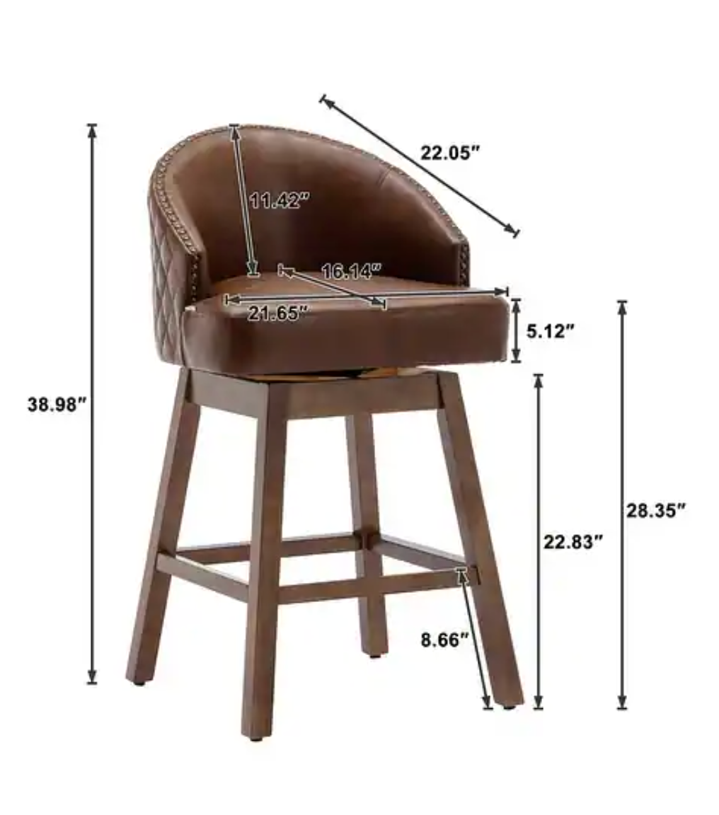 SWIVEL WOOD BASE COUNTER HEIGHT BROWN LEATHER BAR STOOL
