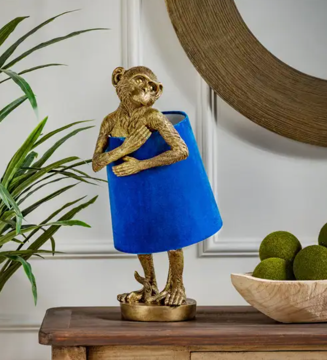 BRASS MONKEY TABLE LAMP WITH BLUE VELVET SHADE