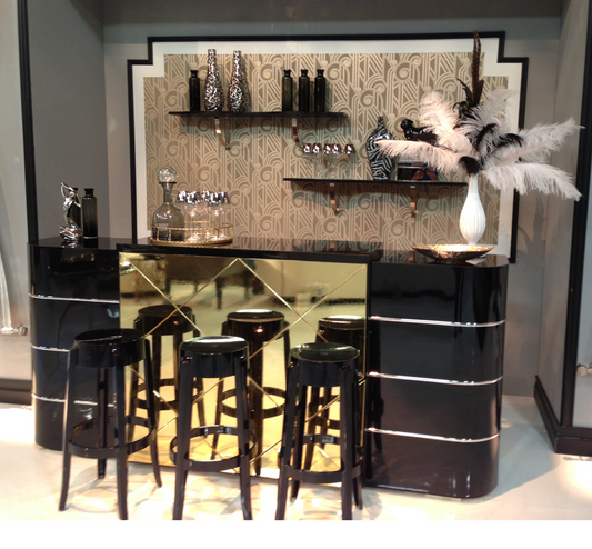 GLOSS BLACK ART DECO BAR WITH GOLD PANELS