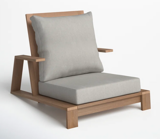 TEAK WOOD LOUNGE CHAIR WITH BEIGE LINEN CUSHIONS