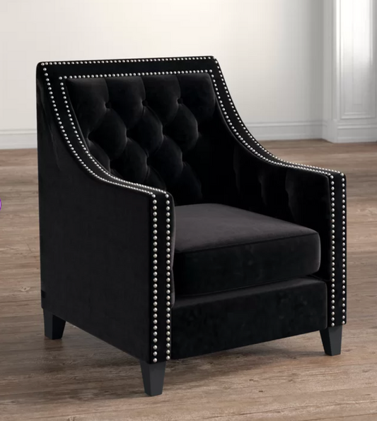 BLACK TUFTED VELVET ARM CHAIR WITH SILVER NAIL HEADS