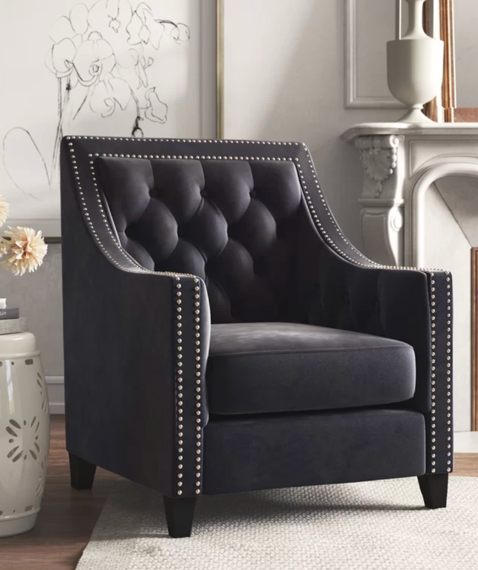 BLACK TUFTED VELVET ARM CHAIR WITH SILVER NAIL HEADS