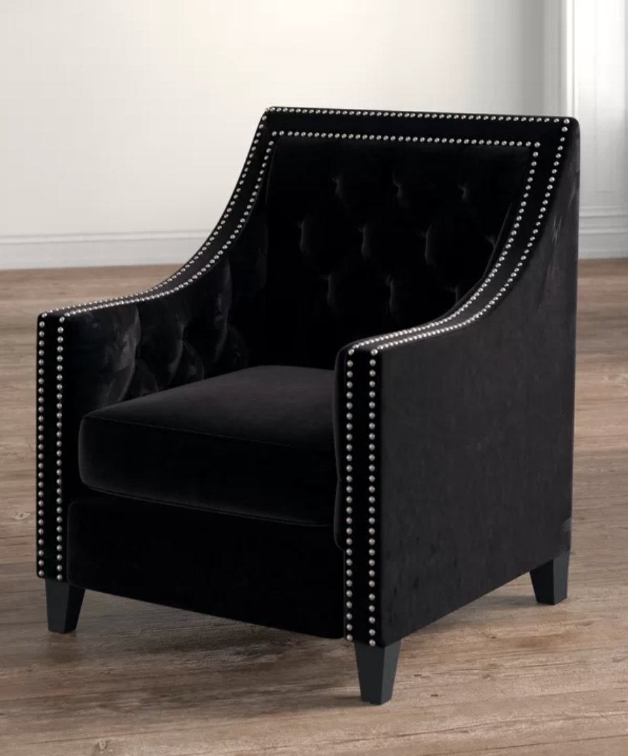 BLACK TUFTED VELVET ARM CHAIR WITH SILVER NAIL HEADS