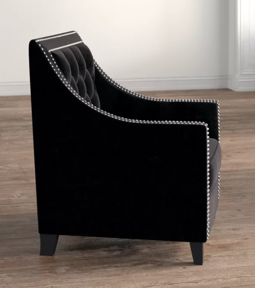 BLACK TUFTED VELVET ARM CHAIR WITH SILVER NAIL HEADS