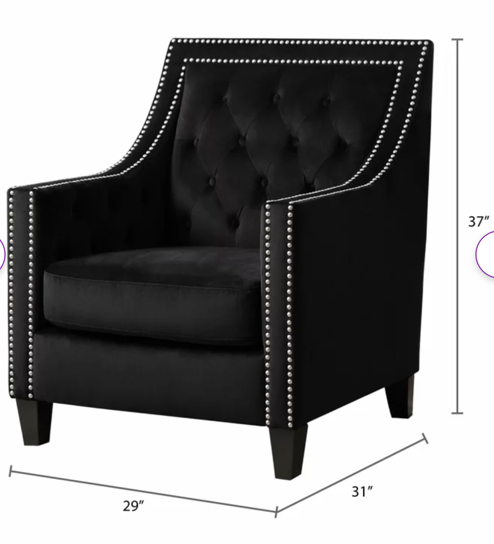 BLACK TUFTED VELVET ARM CHAIR WITH SILVER NAIL HEADS