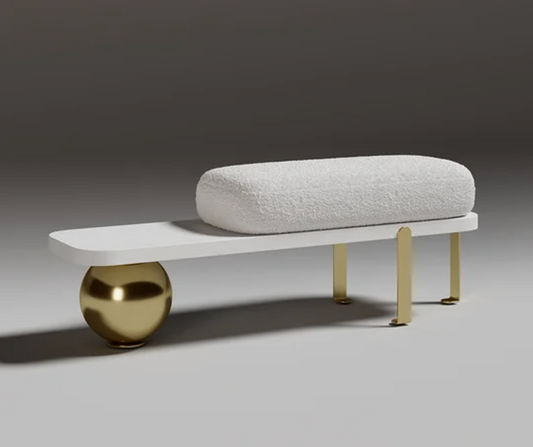 WHITE AND GOLD BOUCLE UPHOLSTERED BENCH