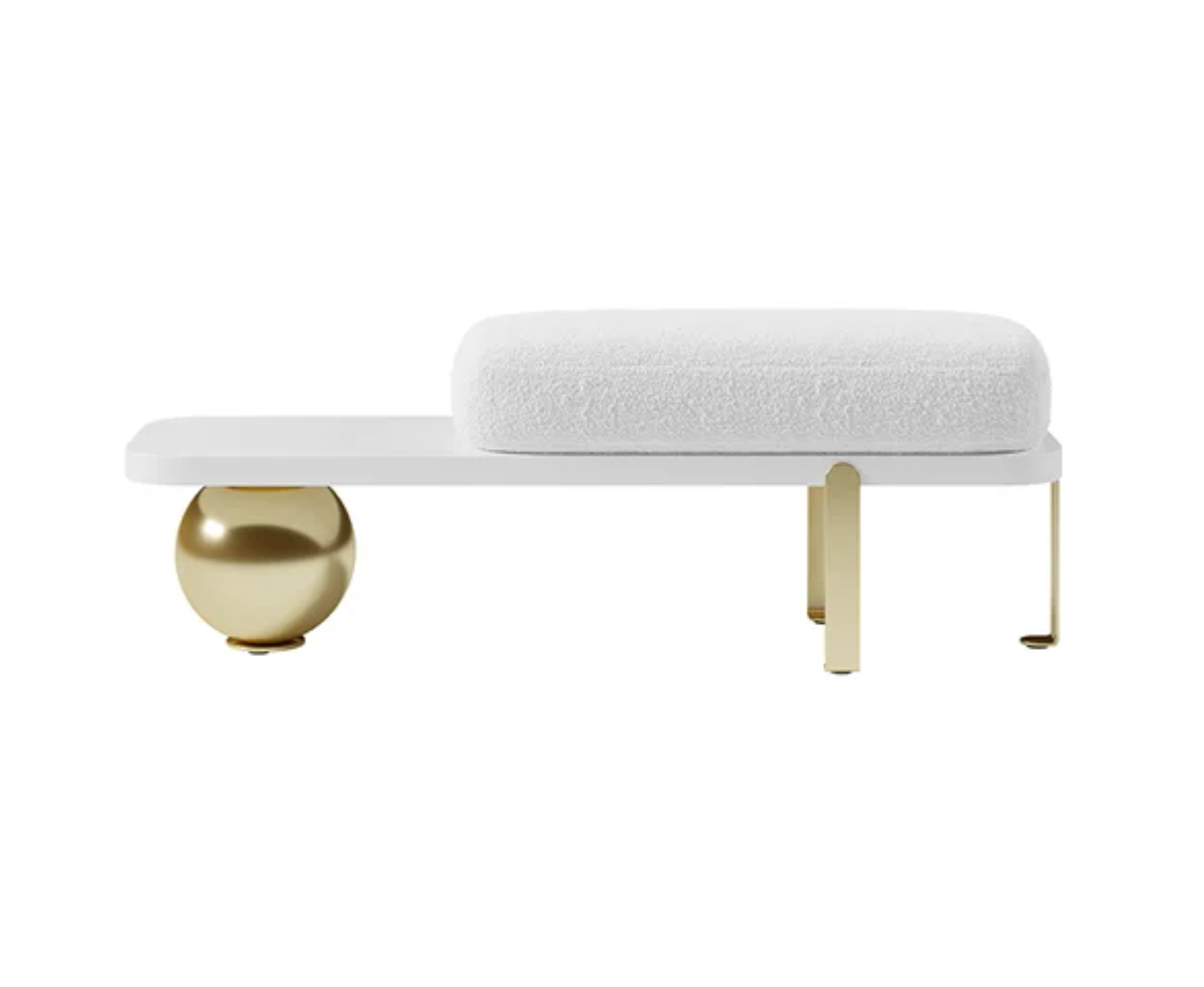 WHITE AND GOLD BOUCLE UPHOLSTERED BENCH
