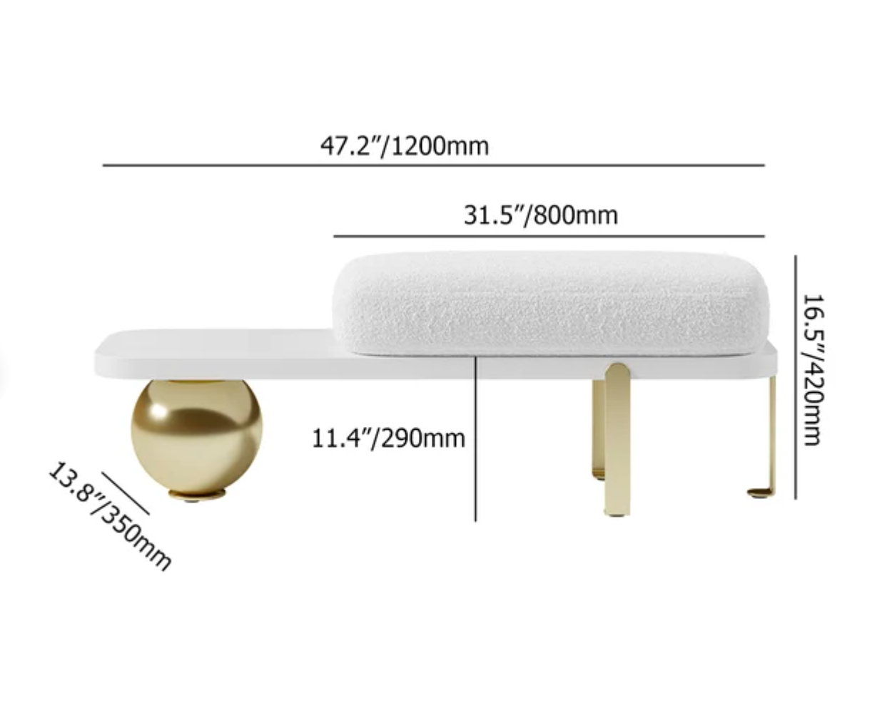 WHITE AND GOLD BOUCLE UPHOLSTERED BENCH