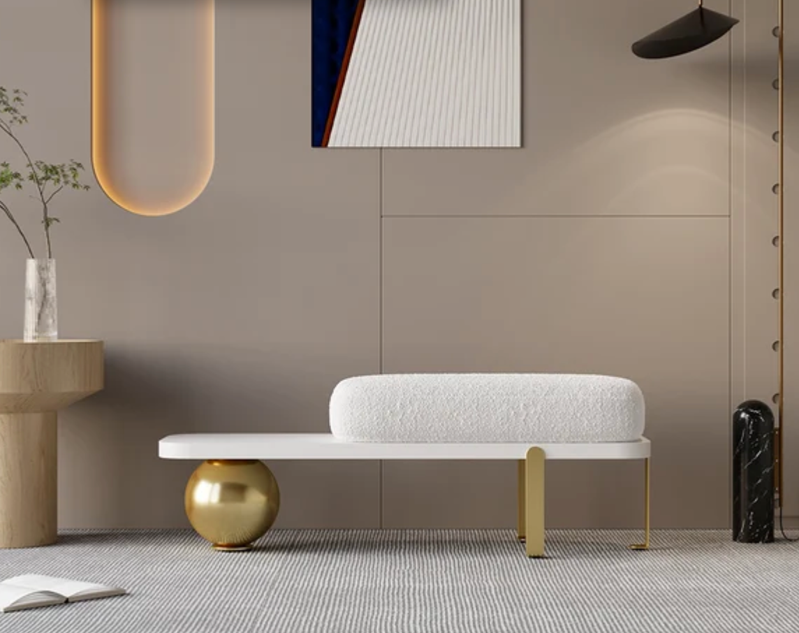 WHITE AND GOLD BOUCLE UPHOLSTERED BENCH