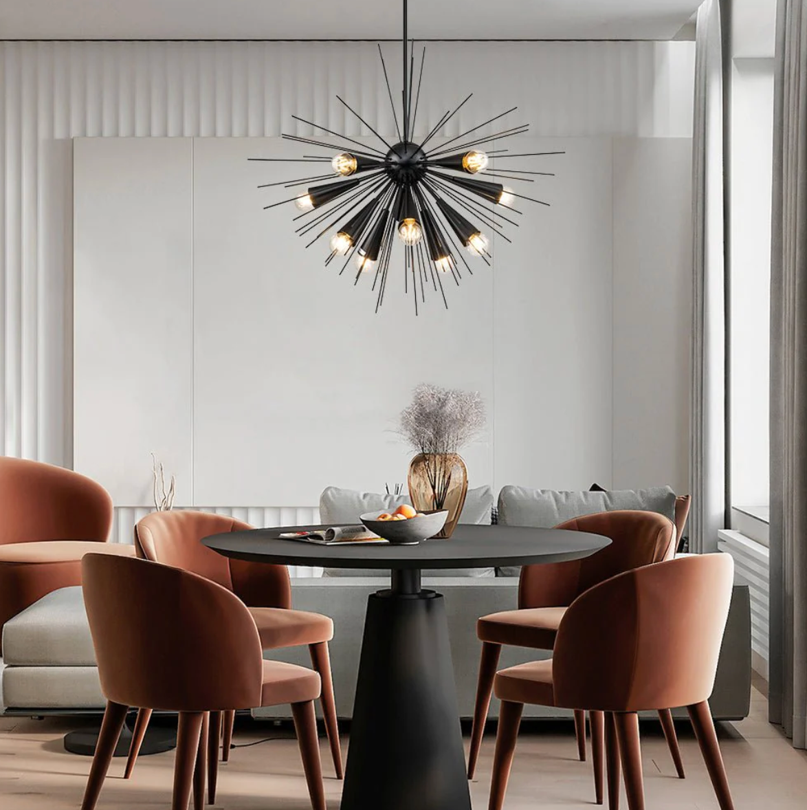 MODERN 10-LIGHT MATTE BLACK SUNBURST SPUTNIK CHANDELIER