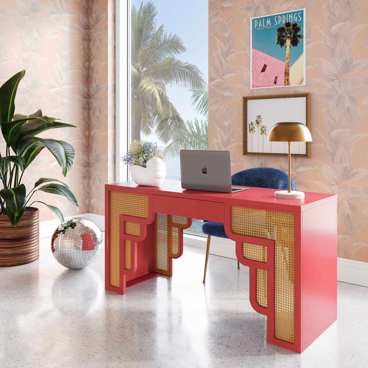 CORAL PINK RATTAN DESK