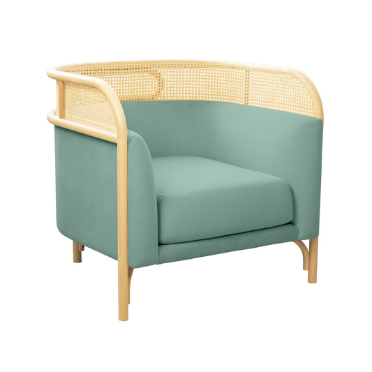 BLUE-GREEN VELVET AND RATTAN ARM CHAIR