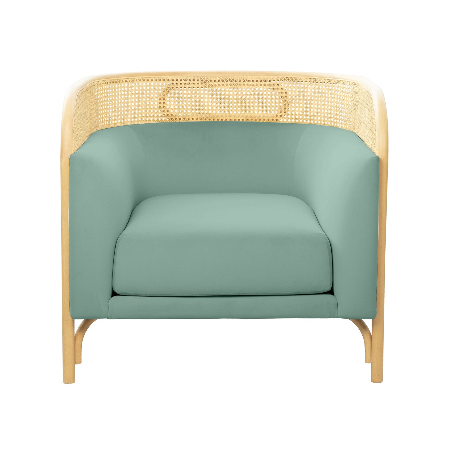BLUE-GREEN VELVET AND RATTAN ARM CHAIR