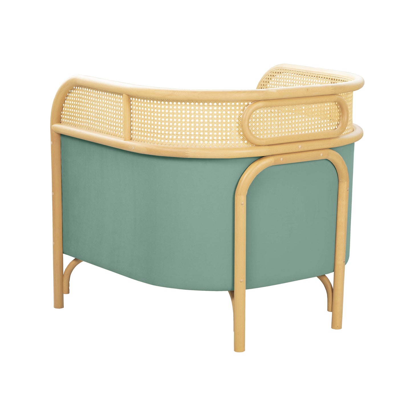 BLUE-GREEN VELVET AND RATTAN ARM CHAIR