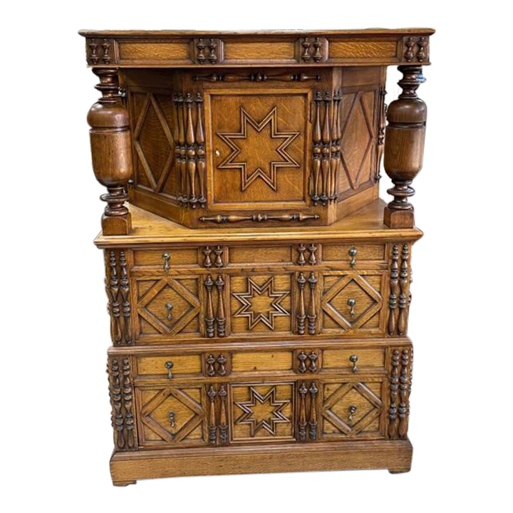Early 1800's Press Cupboard Cabinet with Hand Carved Pillars