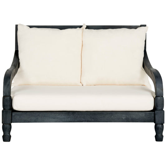 BLACK OUTDOOR LOVE SEAT LOUNGE CHAIR WITH WHITE CUSHIONS