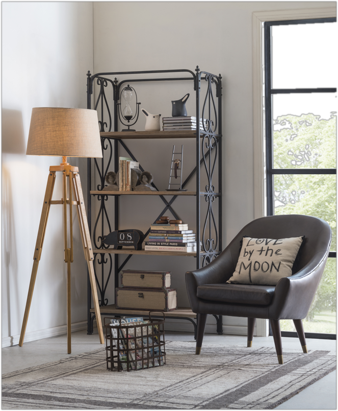 WOOD TRIPOD FLOOR LAMP WITH TAN SHADE