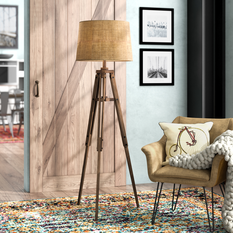 WOOD TRIPOD FLOOR LAMP WITH TAN SHADE