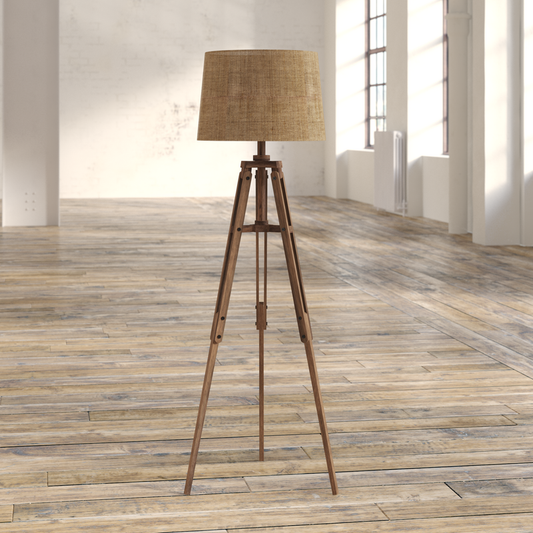 WOOD TRIPOD FLOOR LAMP WITH TAN SHADE