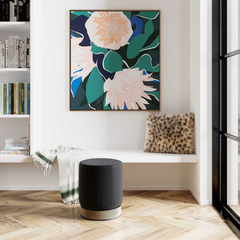 BLACK VELVET AND WICKER OTTOMAN