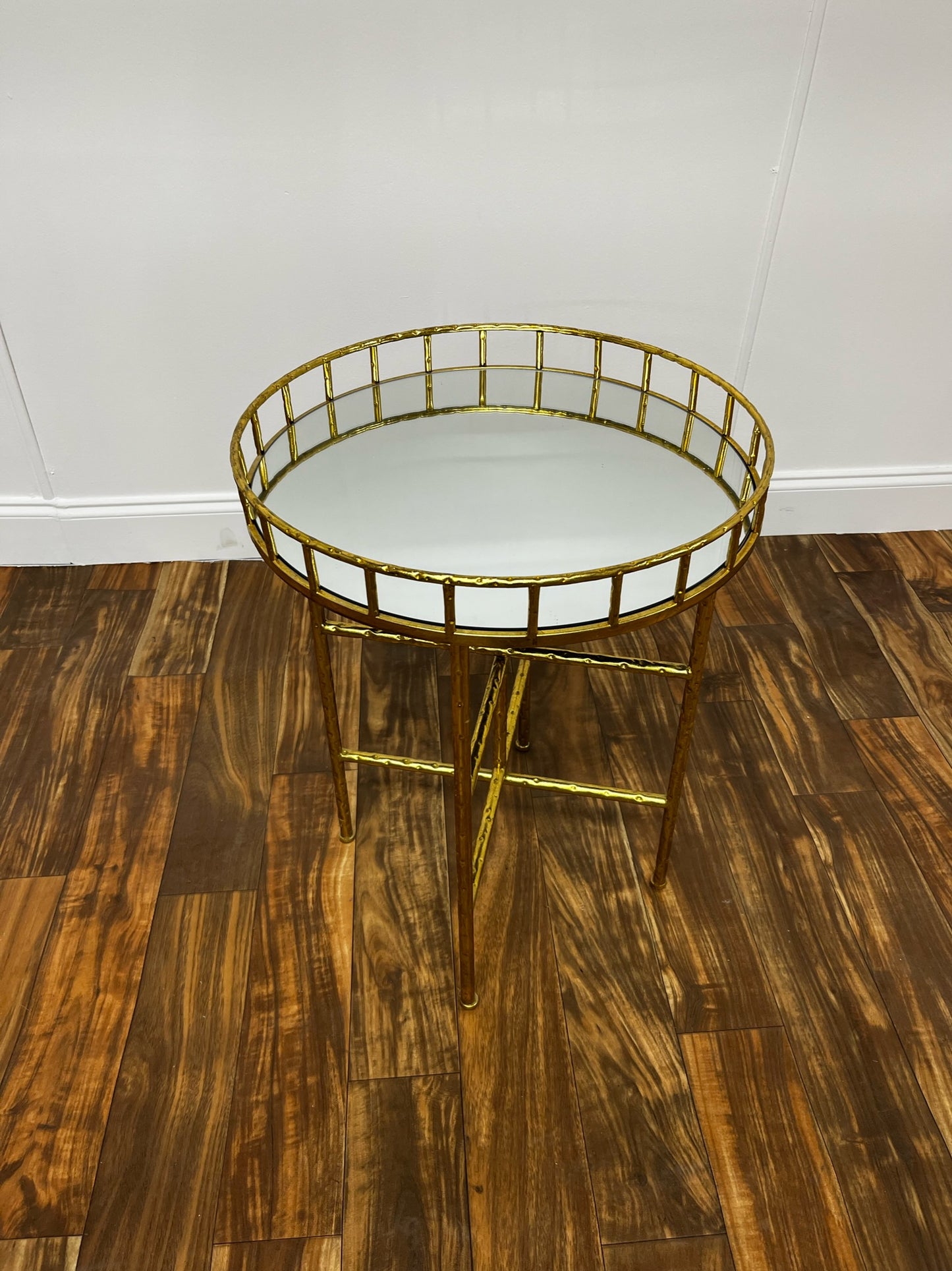 ROUND MIRROR ACCENT TABLE WITH GOLD BAMBOO LEGS