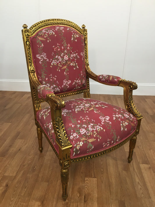 ORNATE RED FLORAL PATTERN OPEN ARM CHAIRS