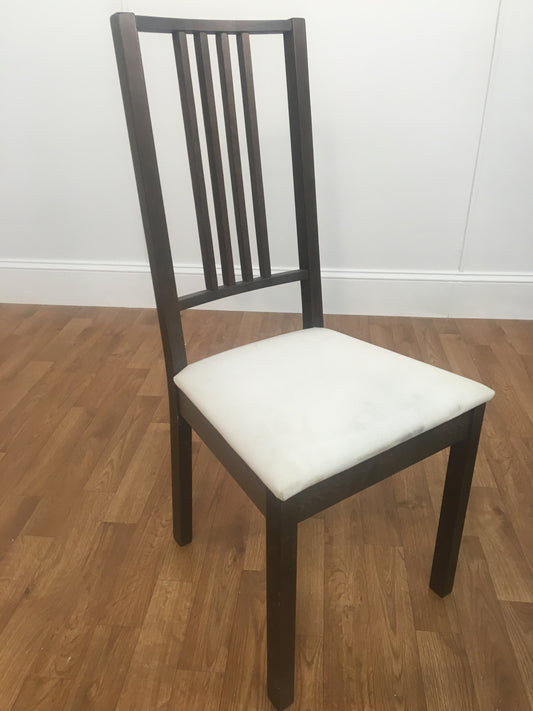 DARK WOOD OPEN BACK DINING CHAIR WITH WHITE CUSHION