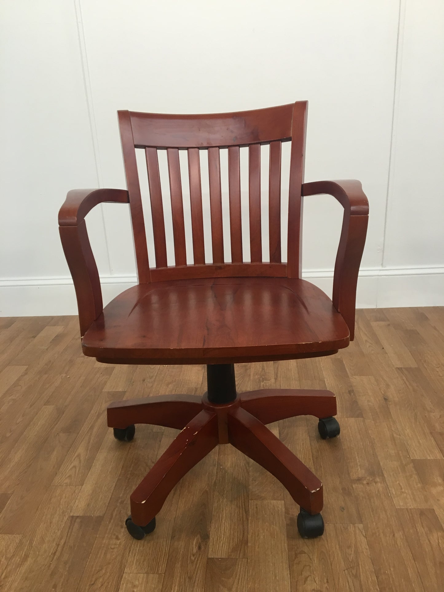 CHERRY WOOD OFFICE SWIVEL CHAIR, SLATTED BACK AND ROLLERS