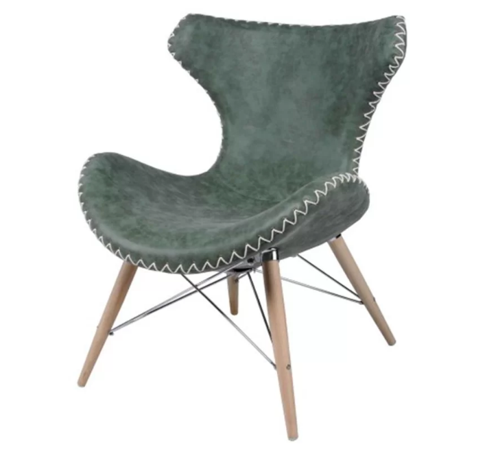 GREEN LEATHER BASEBALL STITCH ACCENT CHAIR