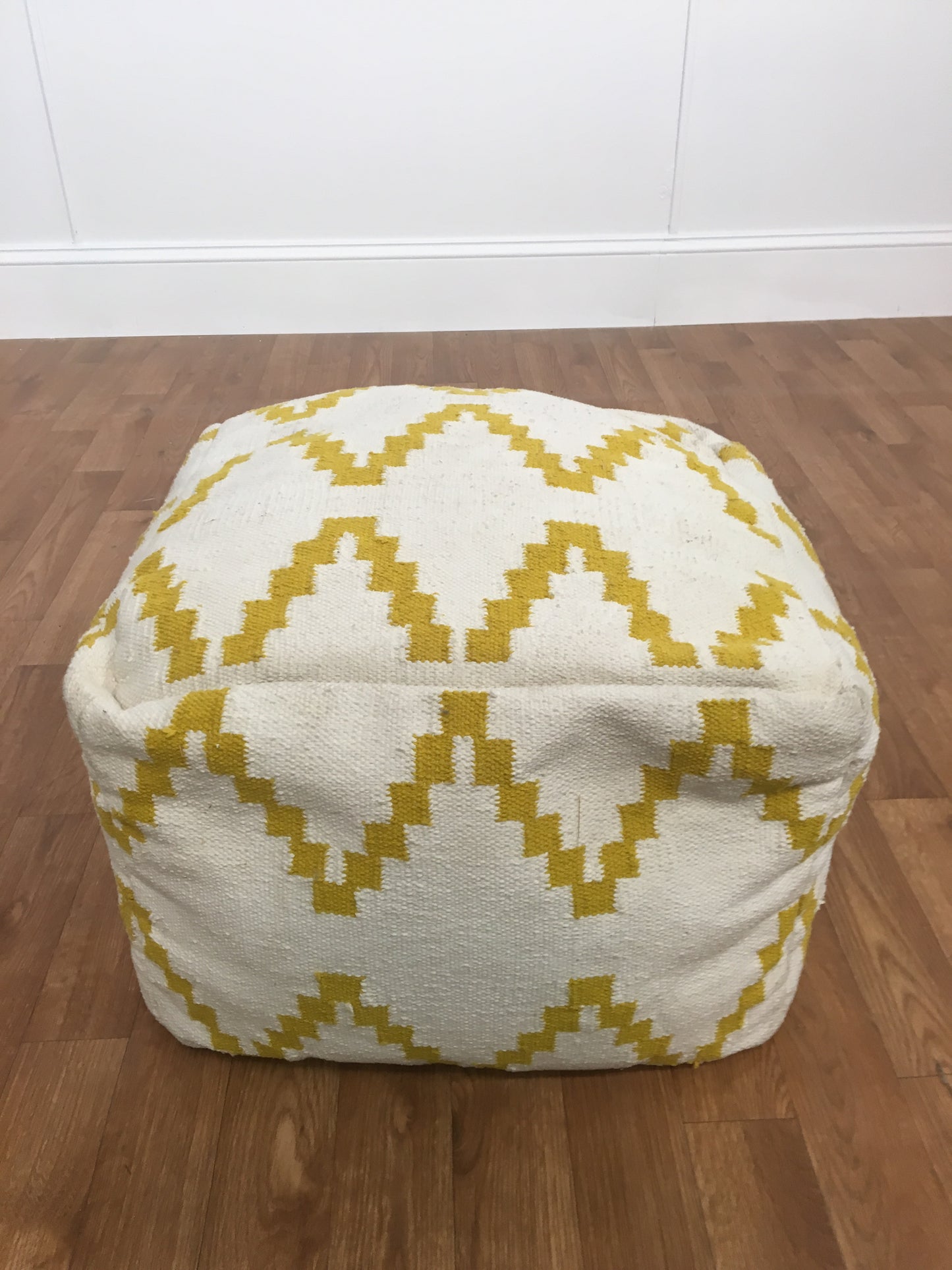 YELLOW AND WHITE GEOMETRIC PATTERN WOOVEN OTTOMAN