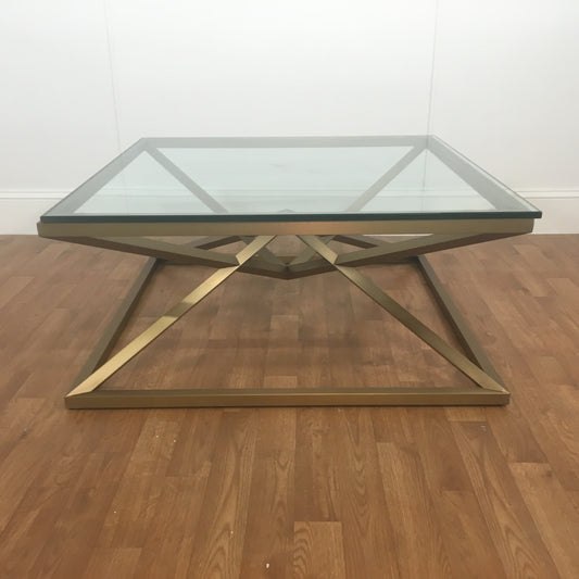 GOLD METAL DIAMOND FRAME GLASS TOP COFFEE TABLE
