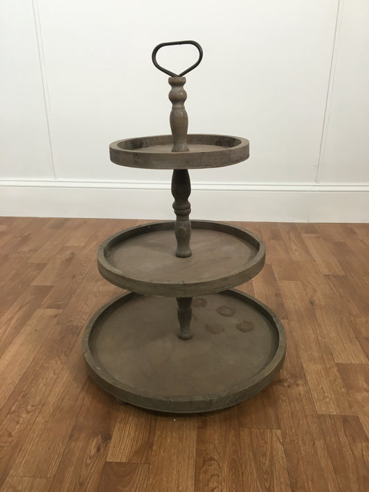 THREE LEVEL ROUND WOOD SERVING TRAY