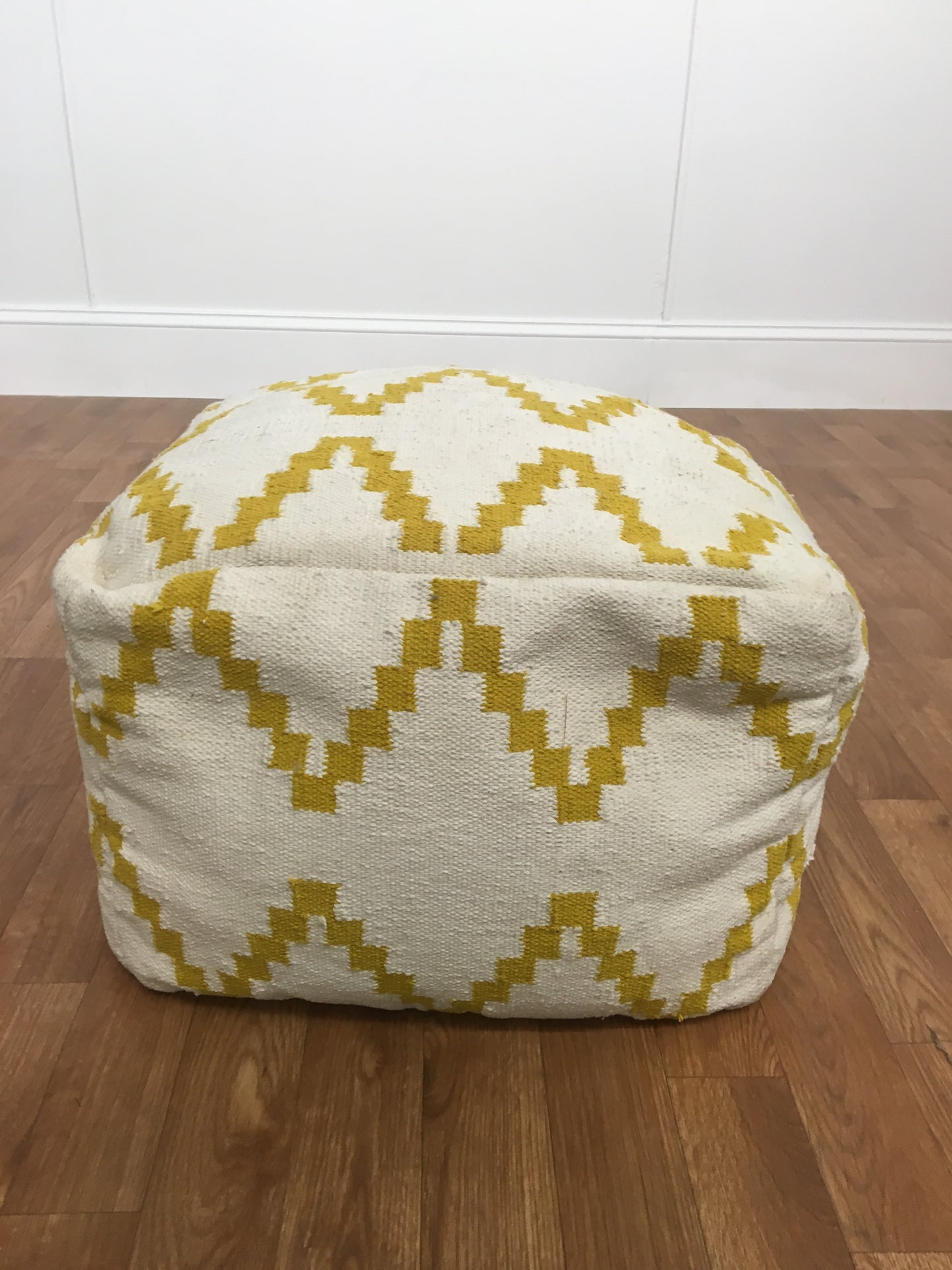 YELLOW AND WHITE GEOMETRIC PATTERN WOOVEN OTTOMAN