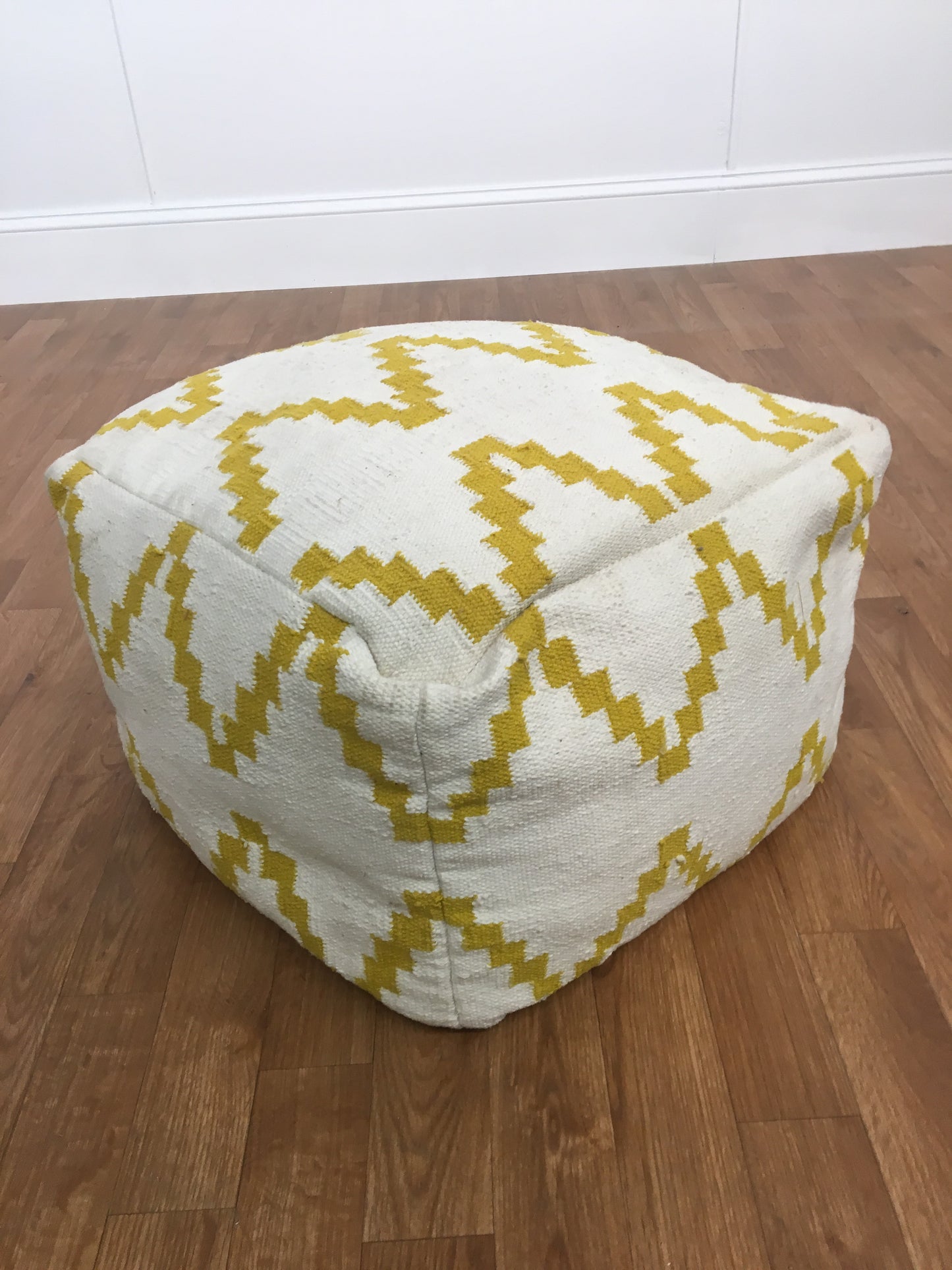 YELLOW AND WHITE GEOMETRIC PATTERN WOOVEN OTTOMAN