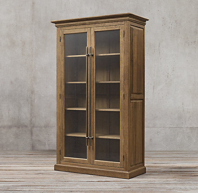 ENGLISH BRASS BAR PULL GLASS DOUBLE DOOR CABINET
