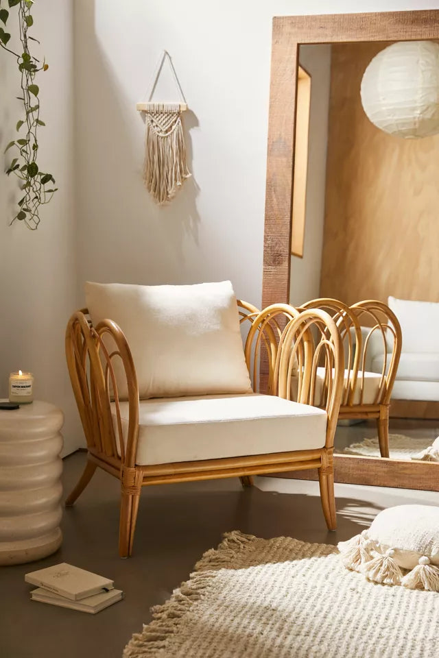 CURVED WICKER ARM CHAIRS WITH WHITE PILLOWS