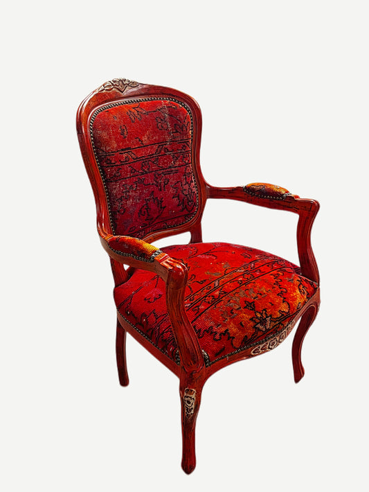RED AND ORANGE ORNATE FRENCH PROVINCIAL ARM CHAIR