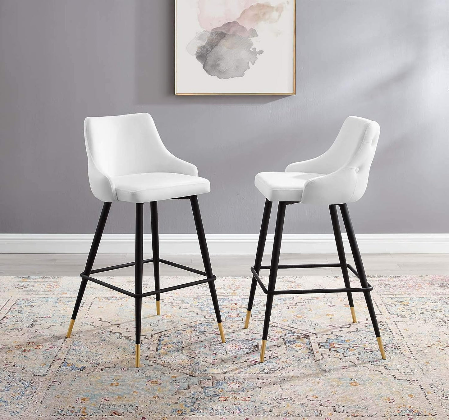 WHITE VELVET BAR CHAIRS WITH GOLD TIP METAL LEGS