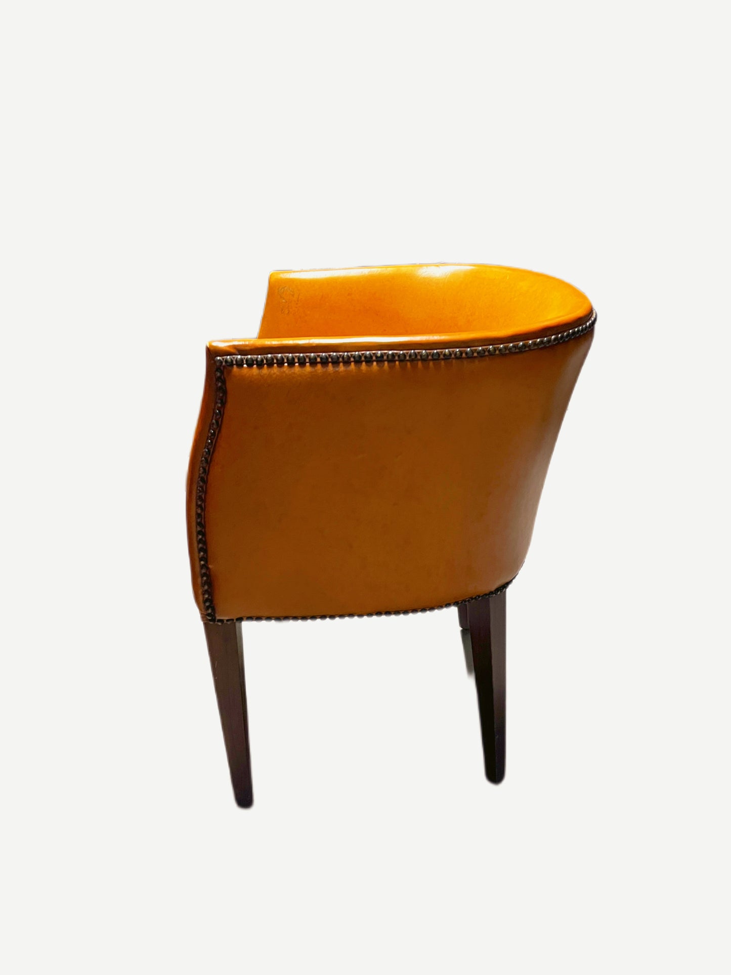 YELLOW ORANGE LEATHER CLUB CHAIR WITH RIVETS
