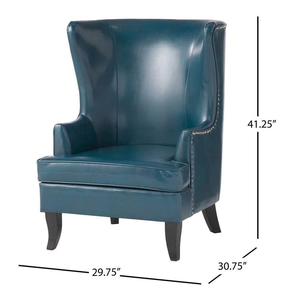 TEAL LEATHER WINGBACK CHAIR WITH SILVER NAIL HEADS