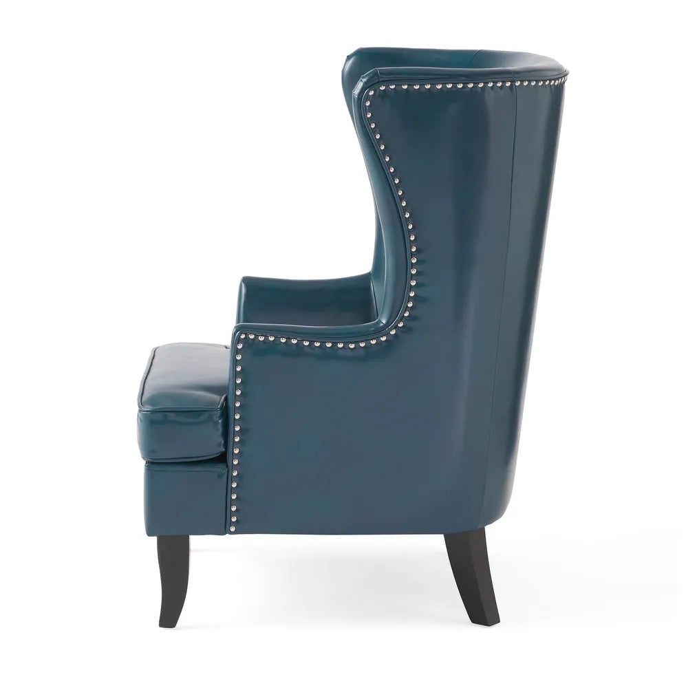 TEAL LEATHER WINGBACK CHAIR WITH SILVER NAIL HEADS