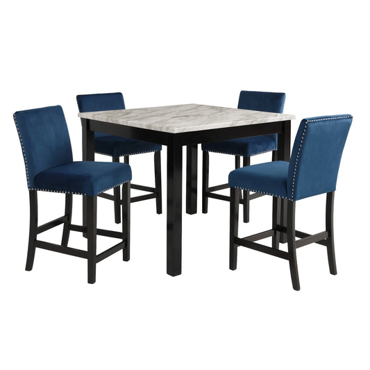 TALL BLUE VELVET DINING CHAIRS WITH SILVER RIVETS